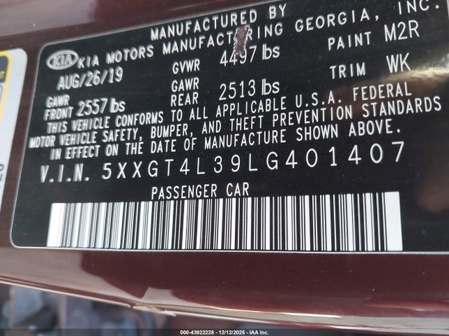 5XXGT4L39LG401407 KIA Optima Lx