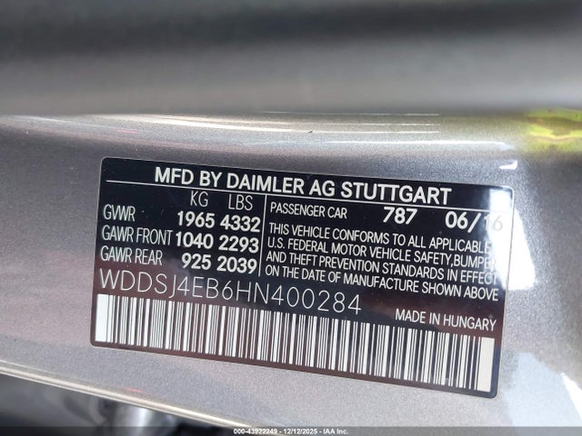 Продажа на аукционе авто 2017 Mercedes-benz Cla 250, vin: WDDSJ4EB6HN400284, номер лота: 43922249