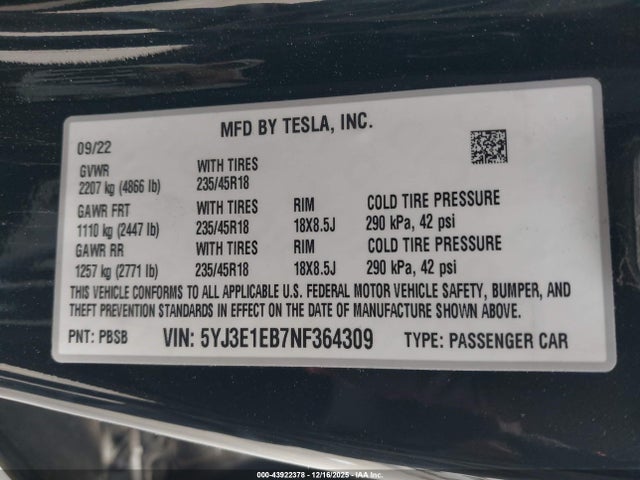 2022 TESLA MODEL 3 5YJ3E1EB7NF364309 Photo 8