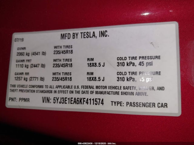 2019 TESLA MODEL 3 5YJ3E1EA6KF411574 Photo 8