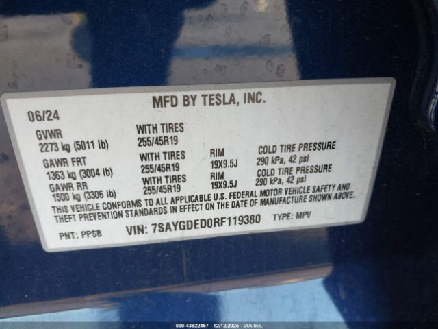 2024 TESLA MODEL Y 7SAYGDED0RF119380 Photo 8