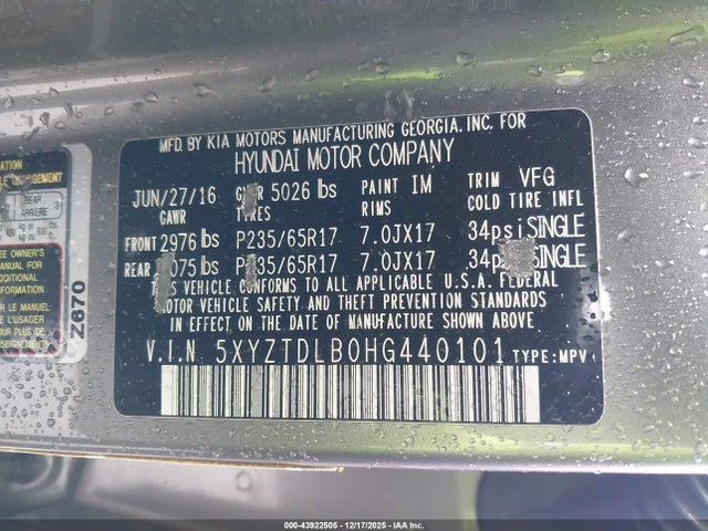 5XYZTDLB0HG440101 Hyundai Santa Fe Sport 2.4l