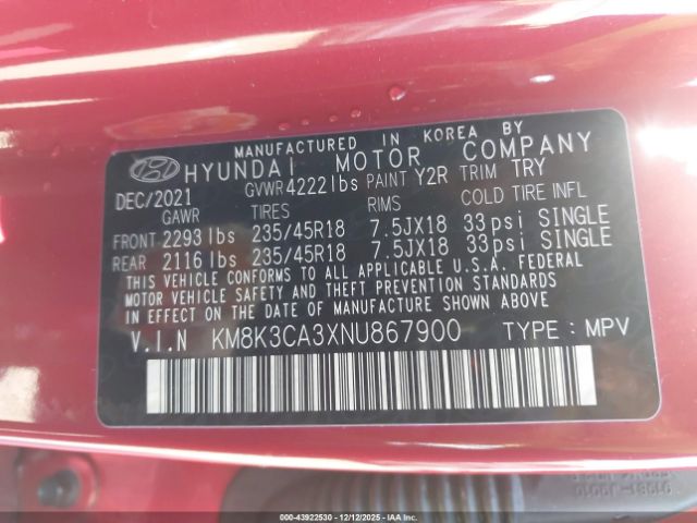 2022 HYUNDAI KONA KM8K3CA3XNU867900 Photo 8