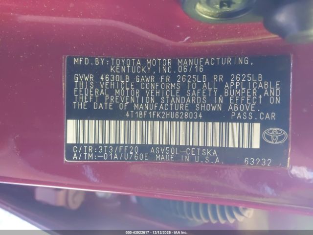 2017 TOYOTA CAMRY 4T1BF1FK2HU628034 Photo 8