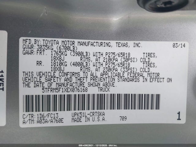 5TFRM5F1XEX076168 Toyota Tundra Sr5 4.6l V8