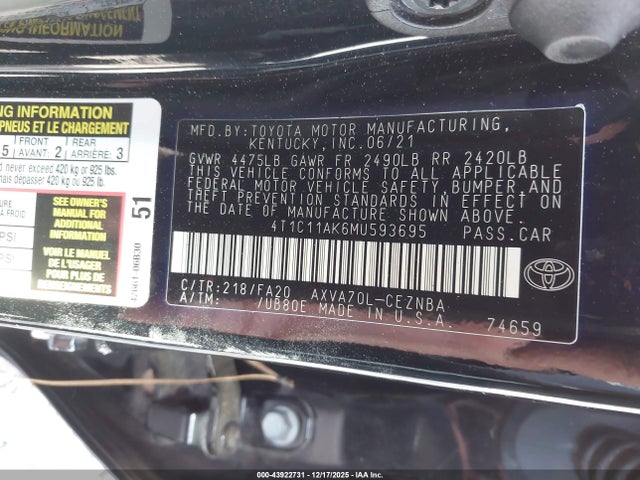 4T1C11AK6MU593695 Toyota CAMRY LE