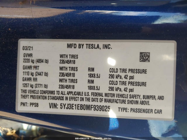 2021 TESLA MODEL 3 5YJ3E1EB0MF939025 Photo 8