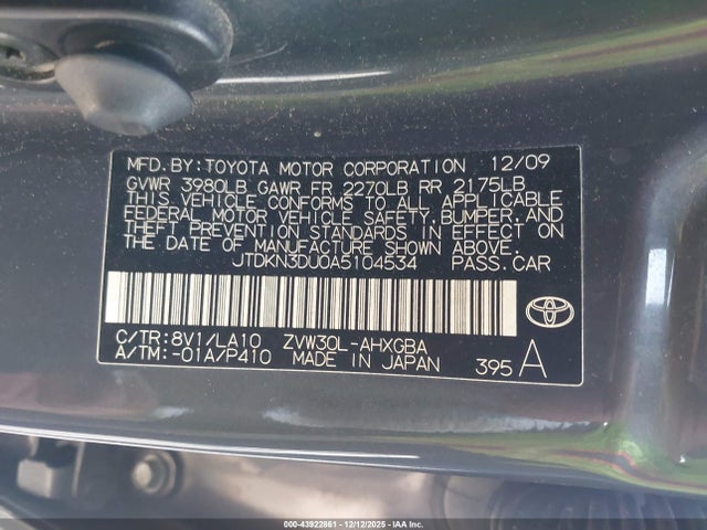 Aukcja sprzedaży 2010 Toyota Prius Iv, vin: JTDKN3DU0A5104534, numer aukcji: 43922861