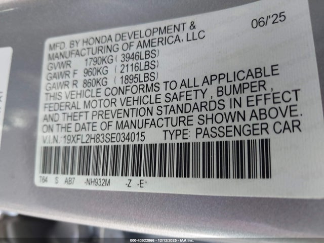 19XFL2H83SE034015 Honda Civic Sedan Sport