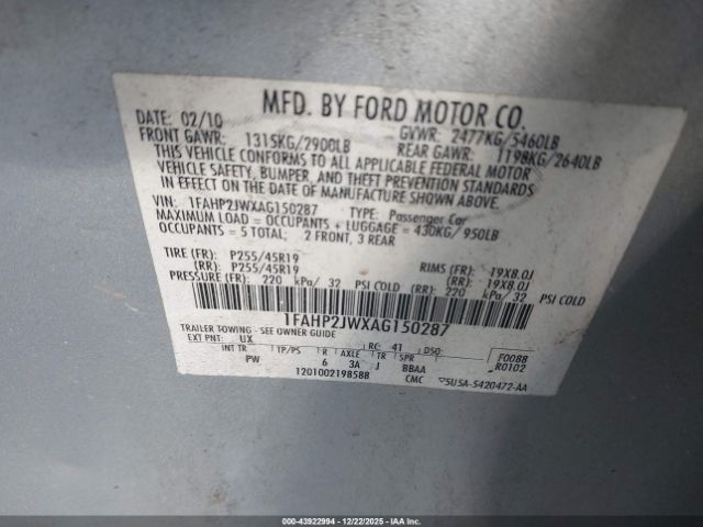 2010 FORD TAURUS 1FAHP2JWXAG150287 Photo 8