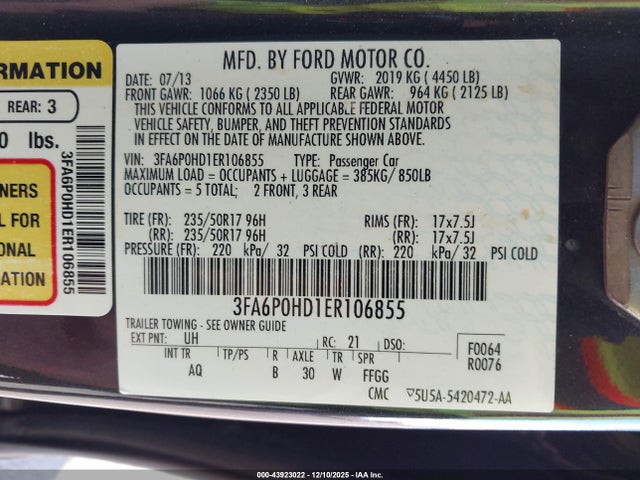 Auction sale of the 2014 Ford Fusion Se, vin: 3FA6P0HD1ER106855, lot number: 43923022