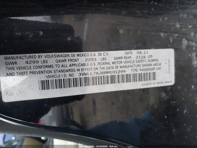 Продажа на аукционе авто 2011 Volkswagen Jetta 2.0l Tdi, vin: 3VWLL7AJ6BM101299, номер лота: 43923090