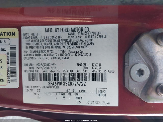Ford Fusion Hybrid Se 2019 3FA6P0LU3KR225722 Image 9