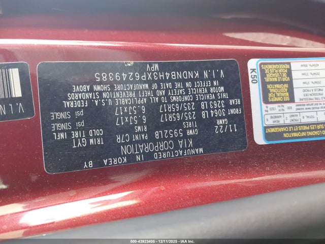 43923405 :رقم المزاد ، KNDNB4H3XP6249385 vin ، 2023 Kia Carnival Mpv Lx Seat Package مزاد بيع