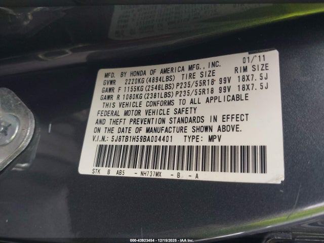 2011 Acura Rdx მანქანა იყიდება აუქციონზე, vin: 5J8TB1H59BA004401, აუქციონის ნომერი: 43923454