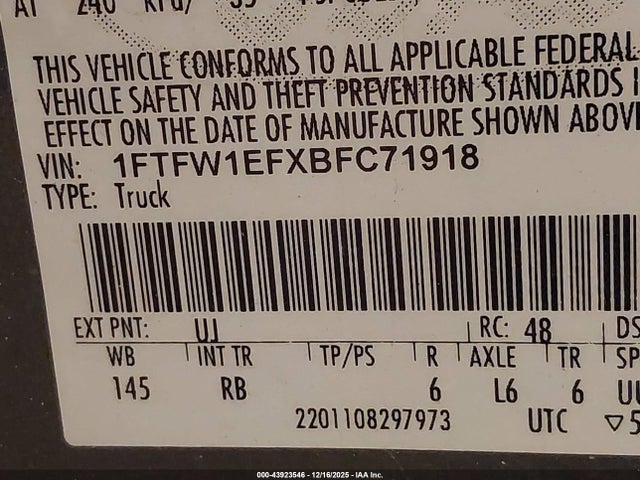 43923546 :رقم المزاد ، 1FTFW1EFXBFC71918 vin ، 2011 Ford F-150 Fx4 مزاد بيع