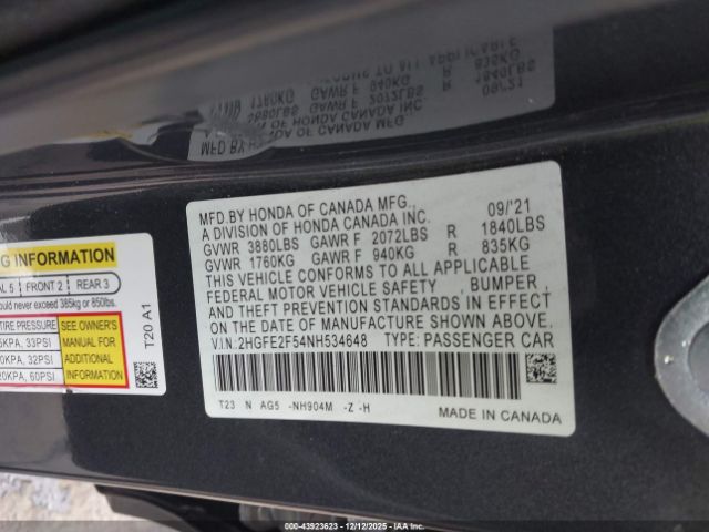 2022 HONDA CIVIC 2HGFE2F54NH534648 Photo 8