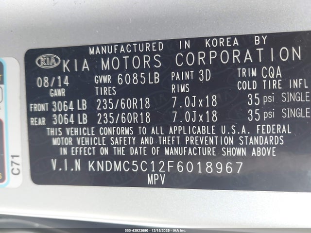 Продаж на аукціоні авто 2015 Kia Sedona Sx, vin: KNDMC5C12F6018967, номер лоту: 43923650