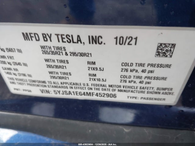 2021 TESLA MODEL S 5YJSA1E64MF452906 Photo 8