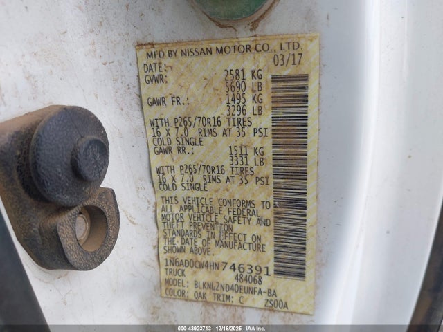 1N6AD0CW4HN746391 Nissan Frontier Sv