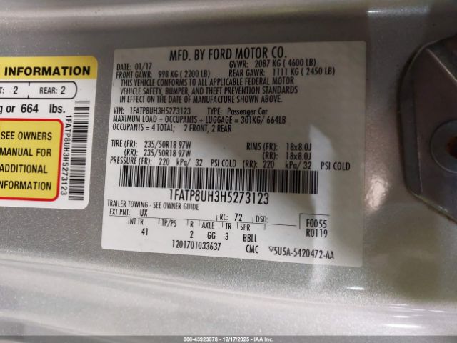 2017 FORD MUSTANG 1FATP8UH3H5273123 Photo 8