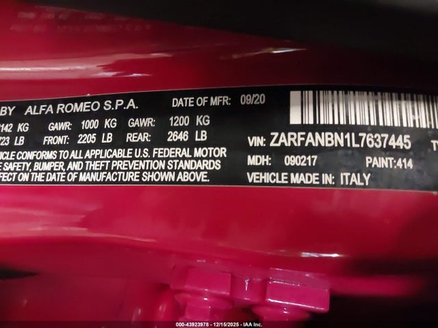2020 ALFA ROMEO GIULIA ZARFANBN1L7637445 Photo 8