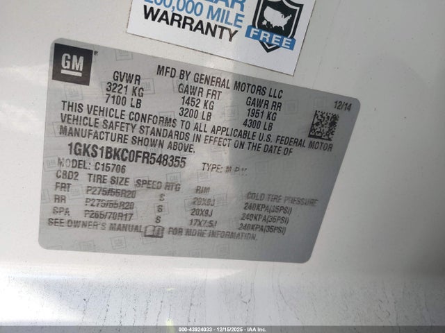 1GKS1BKC0FR548355 GMC YUKON SLT