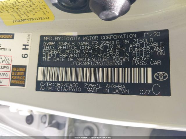 2021 TOYOTA PRIUS JTDKAMFU7M3138534 Photo 8