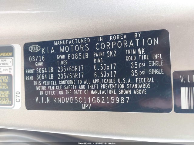 2016 KIA SEDONA KNDMB5C11G6215987 Photo 8