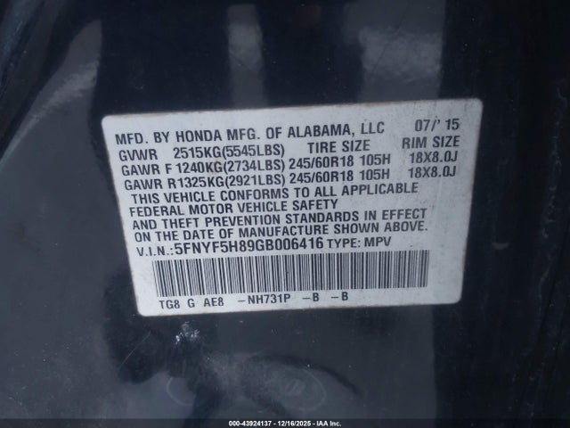 2016 HONDA PILOT 5FNYF5H89GB006416 Photo 8