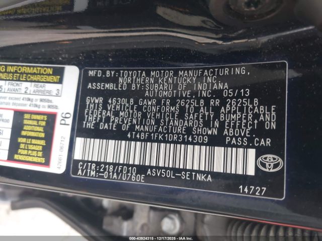 2013 TOYOTA CAMRY 4T4BF1FK1DR314309 Photo 8