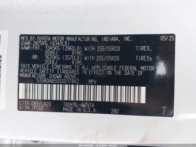5TDADAB50SS017842 Toyota Grand Highlander Hybrid Limited Max
