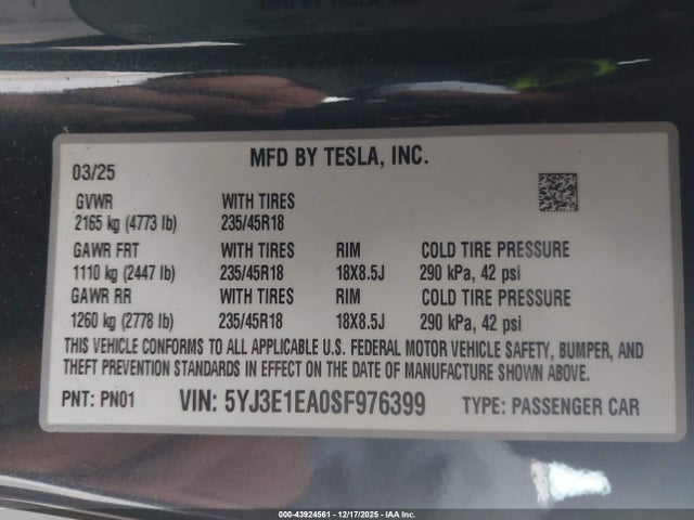 2025 TESLA MODEL 3 5YJ3E1EA0SF976399 Photo 8