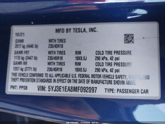 2021 TESLA MODEL 3 5YJ3E1EA8MF092097 Photo 8
