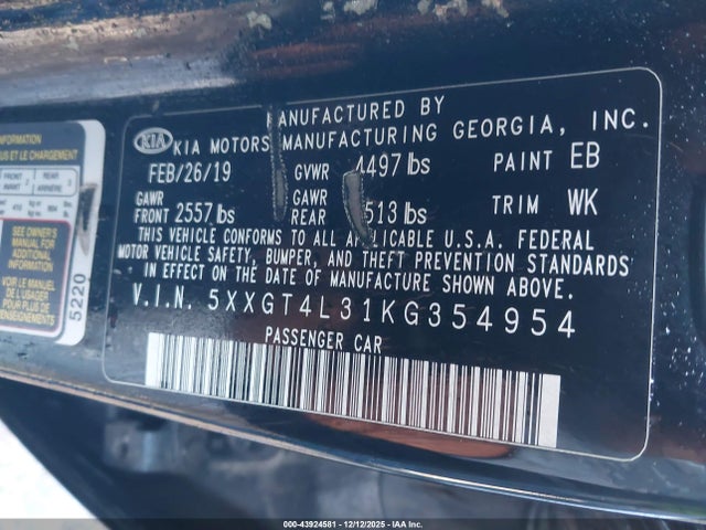 Продаж на аукціоні авто 2019 Kia Optima Lx, vin: 5XXGT4L31KG354954, номер лоту: 43924581