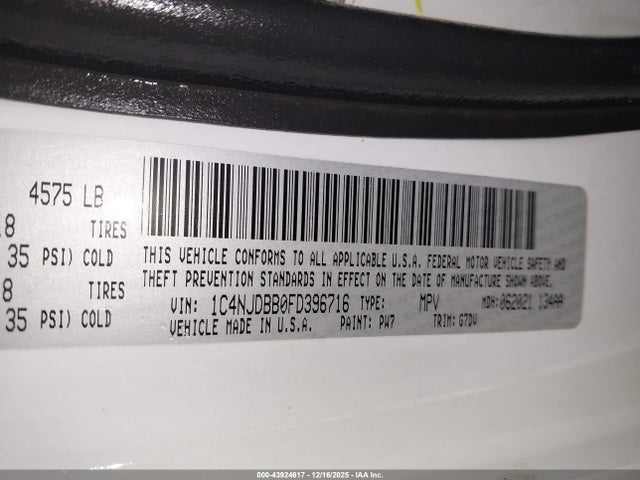 Aukcja sprzedaży 2015 Jeep Compass Altitude Edition, vin: 1C4NJDBB0FD396716, numer aukcji: 43924617