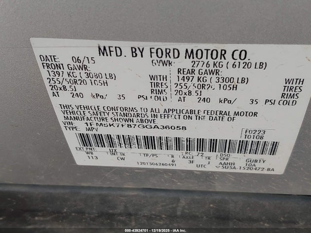 1FM5K7F87GGA36058 Ford Explorer Limited