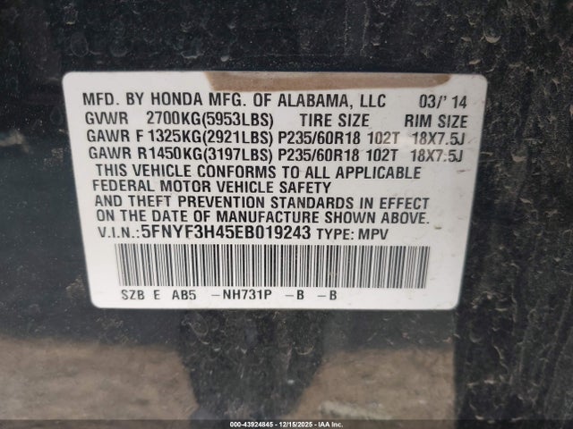 Honda Pilot Ex 2014 5FNYF3H45EB019243 Image 9