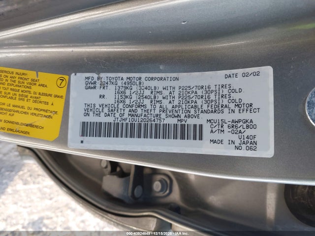 Aukcja sprzedaży 2002 Lexus Rx 300, vin: JTJHF10U120264757, numer aukcji: 43924849