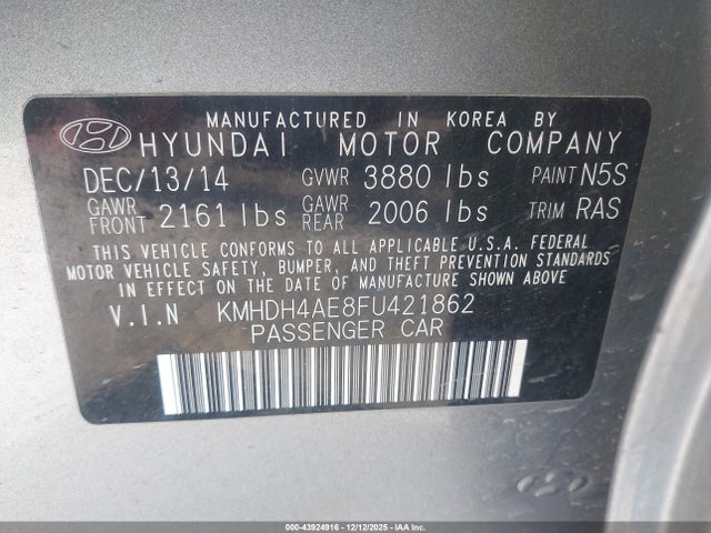 KMHDH4AE8FU421862 Hyundai ELANTRA SE