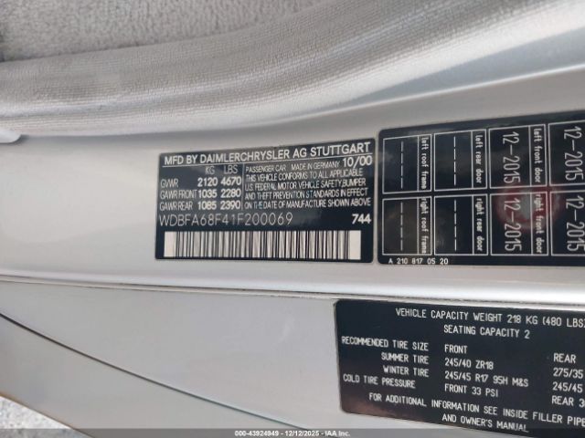 2001 MERCEDES-BENZ SL 500 WDBFA68F41F200069 Photo 8