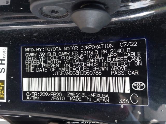 2022 TOYOTA COROLLA JTDEAMDE8NJ060786 Photo 8
