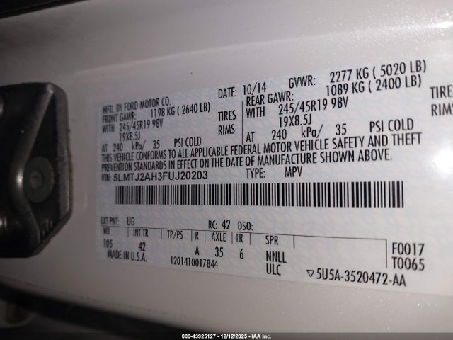 2015 LINCOLN MKC 5LMTJ2AH3FUJ20203 Photo 8