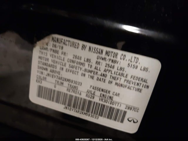 Aukcja sprzedaży 2019 Infiniti Q50 3.0t Luxe, vin: JN1EV7AR2KM593033, numer aukcji: 43925267