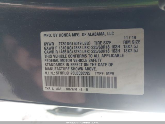 2020 HONDA ODYSSEY 5FNRL6H76LB030595 Photo 8