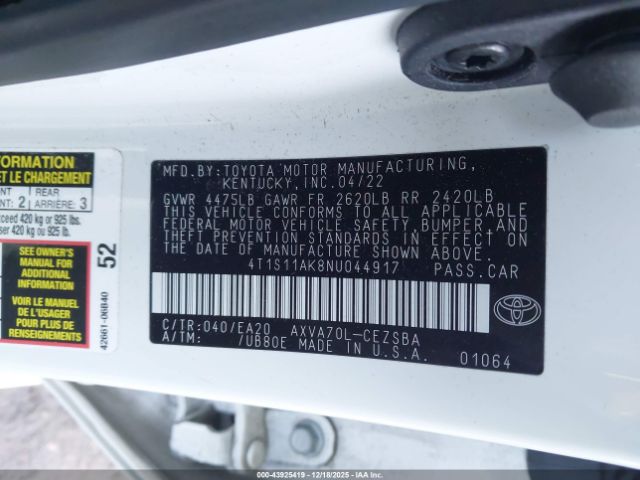 2022 TOYOTA CAMRY 4T1S11AK8NU044917 Photo 8