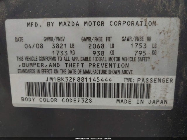 Aukcja sprzedaży 2008 Mazda Mazda3 I Touring Value, vin: JM1BK32F881145444, numer aukcji: 43925701
