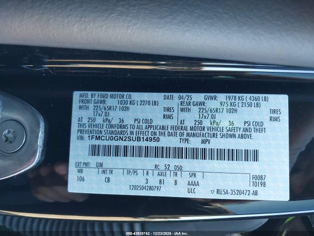 43925742 :رقم المزاد ، 1FMCU0GN2SUB14950 vin ، 2025 Ford Escape Active مزاد بيع