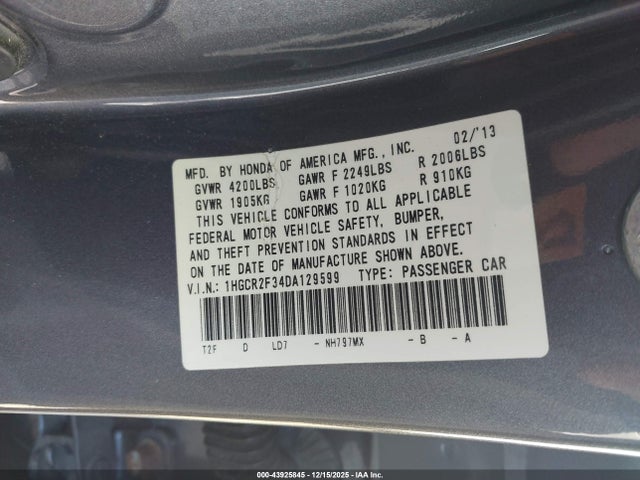 43925845 :رقم المزاد ، 1HGCR2F34DA129599 vin ، 2013 Honda Accord Lx مزاد بيع