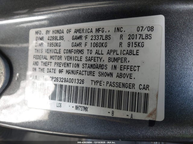 Продаж на аукціоні авто 2009 Honda Accord 2.4 Lx, vin: 1HGCP26329A001326, номер лоту: 43925894